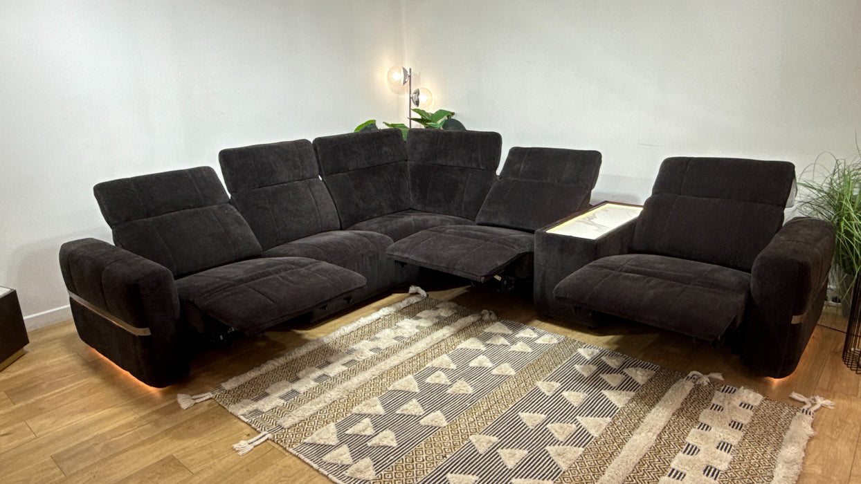 Sofology Lumiere Fabric 3 Corner 3 Console Power Recliner/Headrest Heated Seats in Relaxed Chenille Raisinric