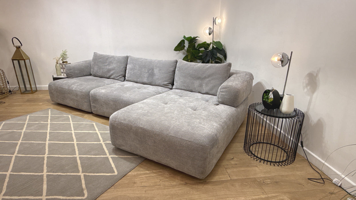 Sofology Fabric Flex 4 Seater Chaise Large Full Back Power Motion Back in Heavy Textured Chenille Light Grey