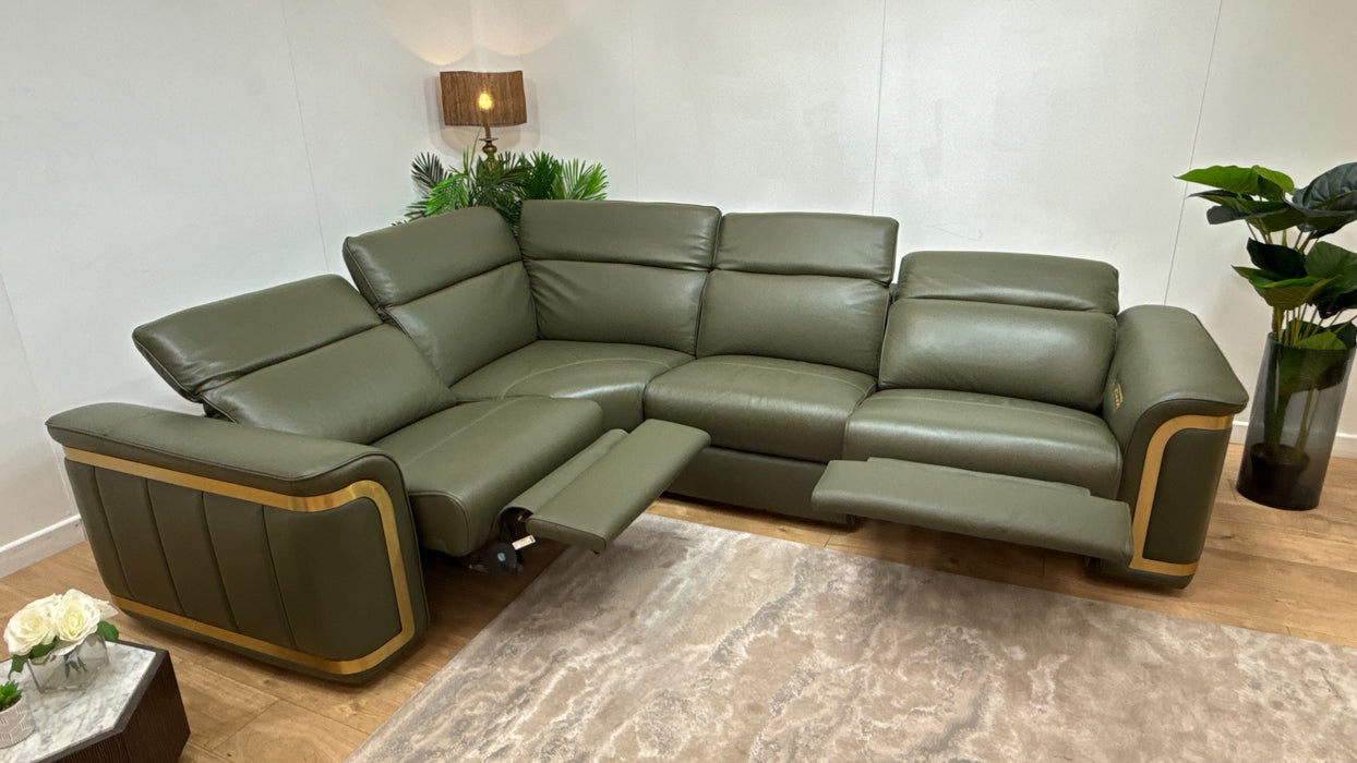 Sofology Plaza Leather 1.5 Corner 3 Seater Power Recliner/Headrest Heated Seats in Trusty Embossed Dark Olive