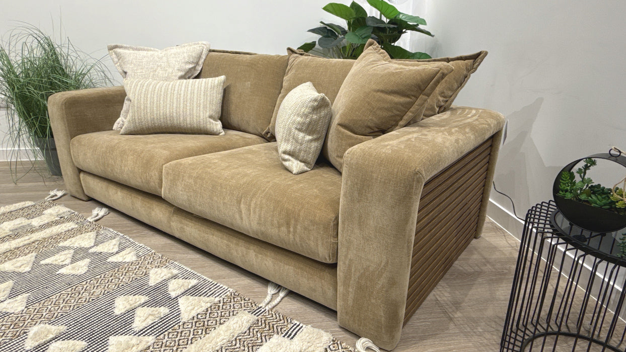 Sofology Cove Fabric 3 Seater Dark Wood Panel in Soft Chenille Caramel Mix