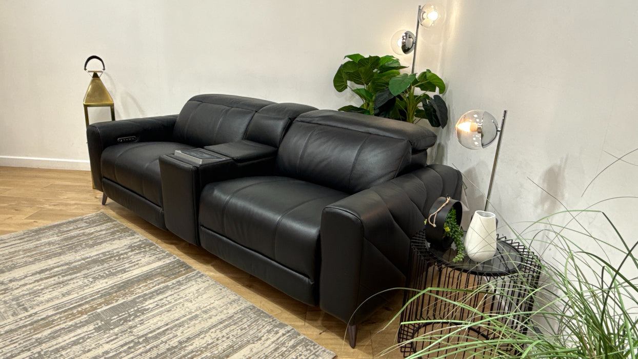 Sofology Allure Leather 2.5 Seater Screen Console Power Recliner/Headrest Heated Seats Lumbar Speakers in Trusty Embossed Jet Black