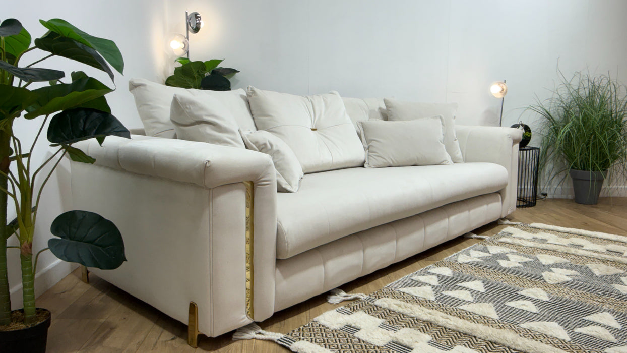 Sofology Oscar Fabric 4 Seater Gold Trim in Super Matt Velvet Ecru