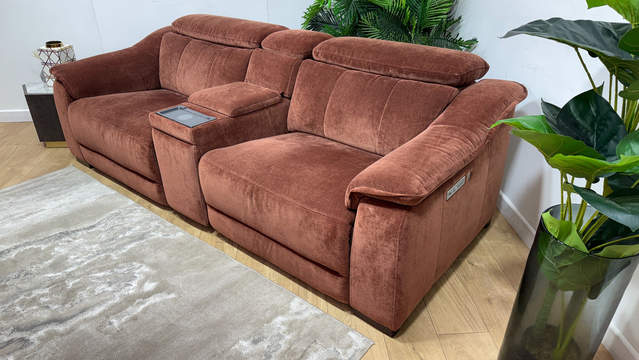 Sofology Carrera Fabric 2.5 Seater Smart Console Power Recliner/Headrest Heated Seat in Relaxed Chenille Burnt Sienna