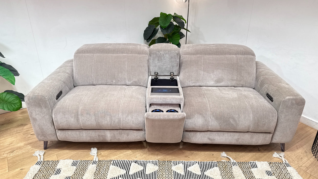 Sofology Allure Fabric 2.5 Seater Screen Console Power Recliner/Headrest Heated Seats Lumbar Support Speakers in Relaxed Chenille Nutmeg