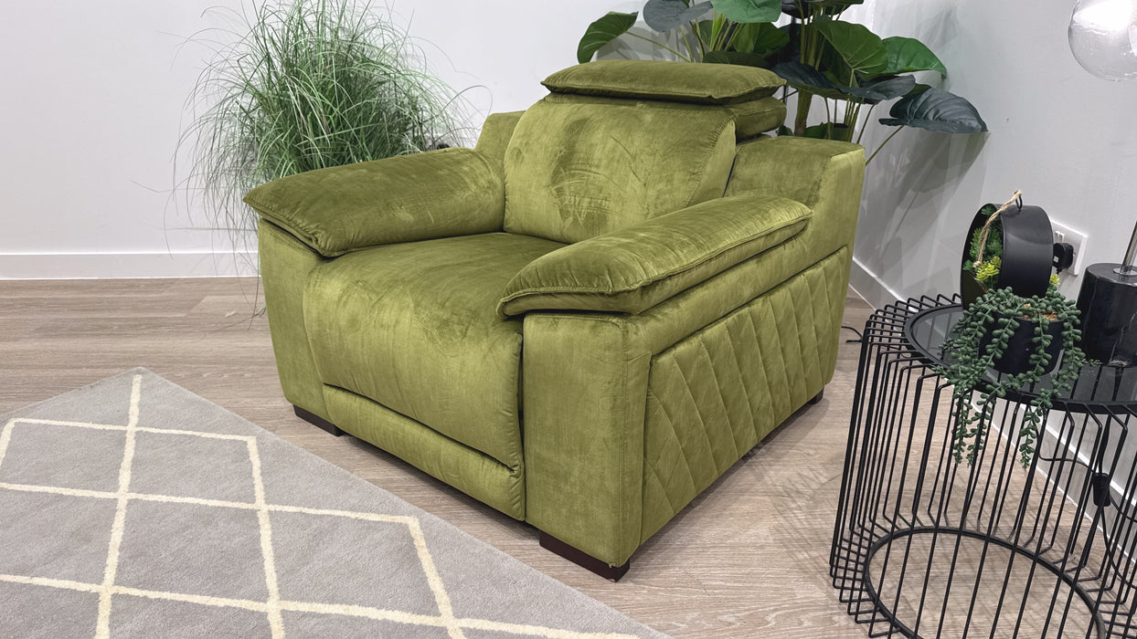 Sofology Benz Fabric Chair Power Recliner/Headrest in Heritage Velvet Olive