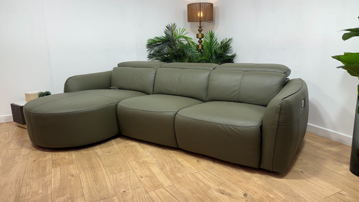 Sofology Serene Leather Chaise 3 Seater Power Recliner/Headrest in Trusty Matt Olive