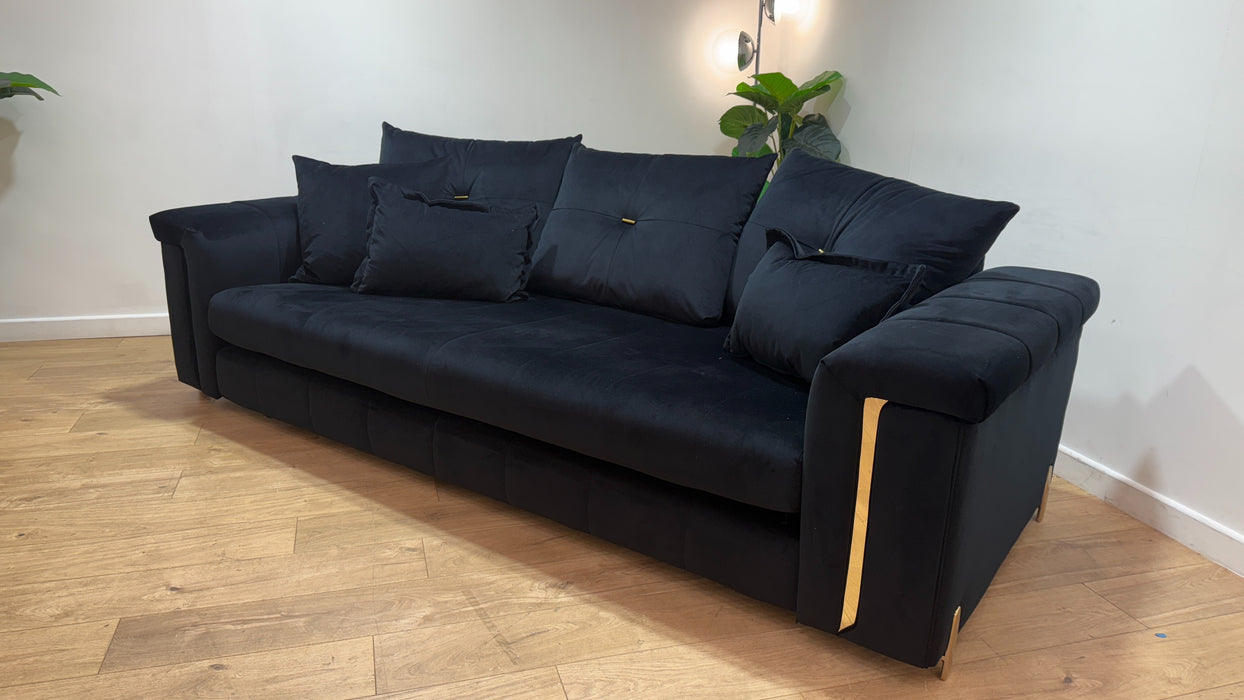 Sofology Oscar Fabric 4 Seater Gold Trim in Super Matt Velvet Black Mix