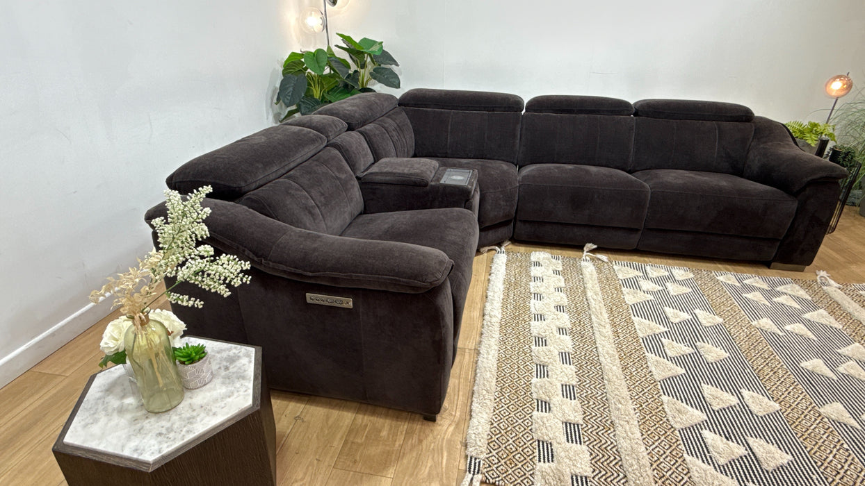Sofology Carrera Fabric 1.5 Smart Console Corner 3 Power Recliner/Headrest in Relaxed Chenille Raisin