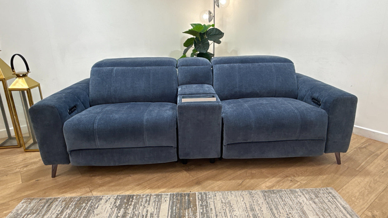 Sofology Allure Fabric 2.5 Seater Console with Screen Power Recliner/Headrest Heated Seats Lumbar Speakers in Relaxed Chenille Denim