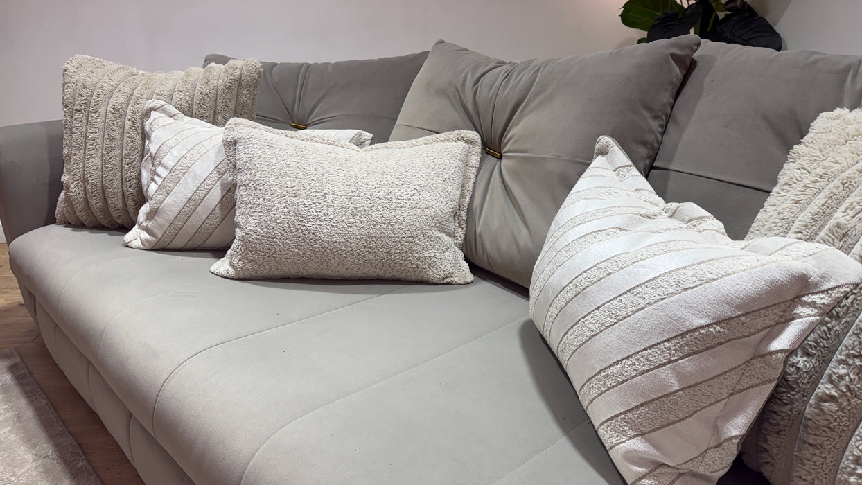 Sofology Oscar Fabric 4 Seater Gold Trim in Super Matt Velvet Pebble Mix
