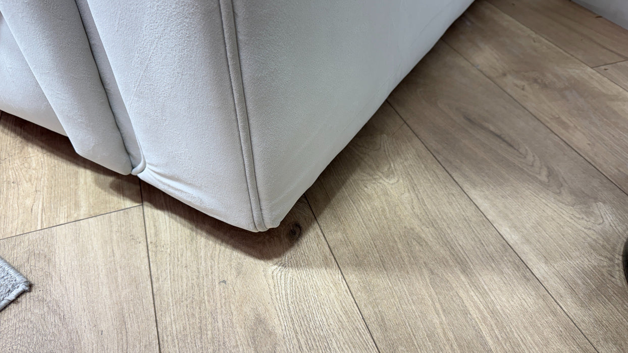 Sofology Oscar Fabric 4 Seater Distressed Walnut Trim in Super Matt Velvet Ecru Mix