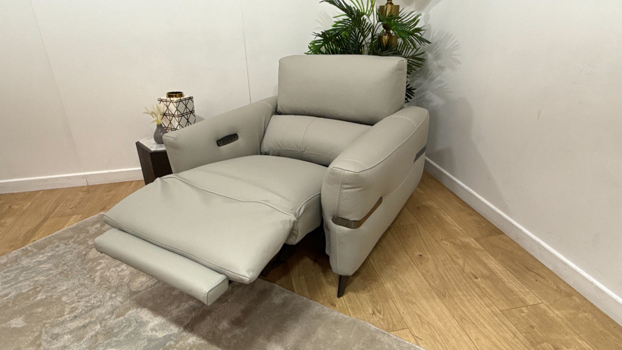 Sofology Arlington Leather Chair Power Recliner/Headrest Lumbar in Trusty Matt Light Grey