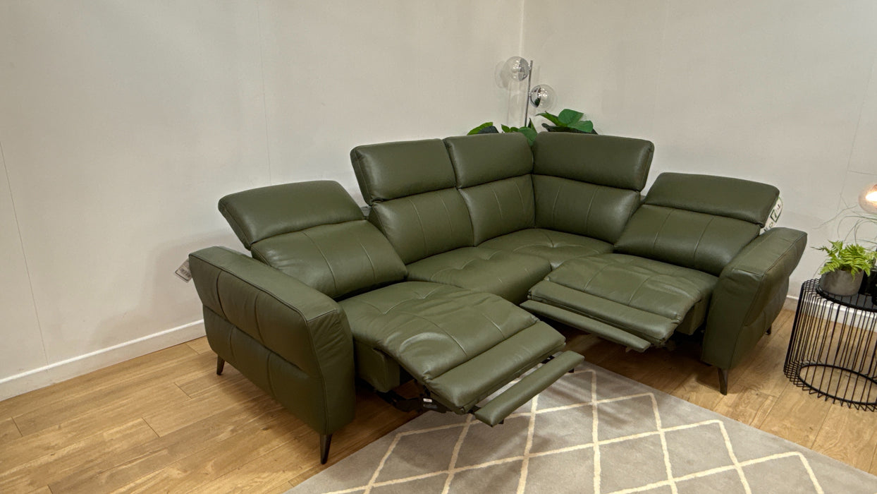 Sofology Jax Leather 3 Corner 1.5 Power Recliner/Headrest Heated Seats Lumbar Support in Trusty Embossed Dark Olive