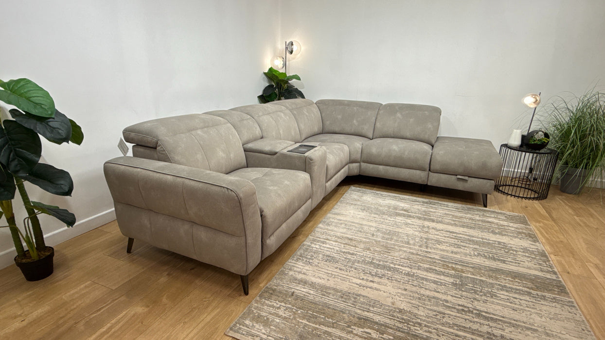 Sofology Jax Fabric 3 Corner 1.5 Chaise Power Recliner/Headrest Console in Lifestyle Flecked Stone