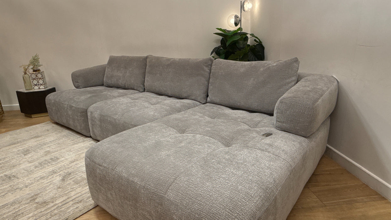 Sofology Fabric Flex 4 Seater Chaise Large Full Back Power Motion Back in Heavy Textured Chenille Light Grey