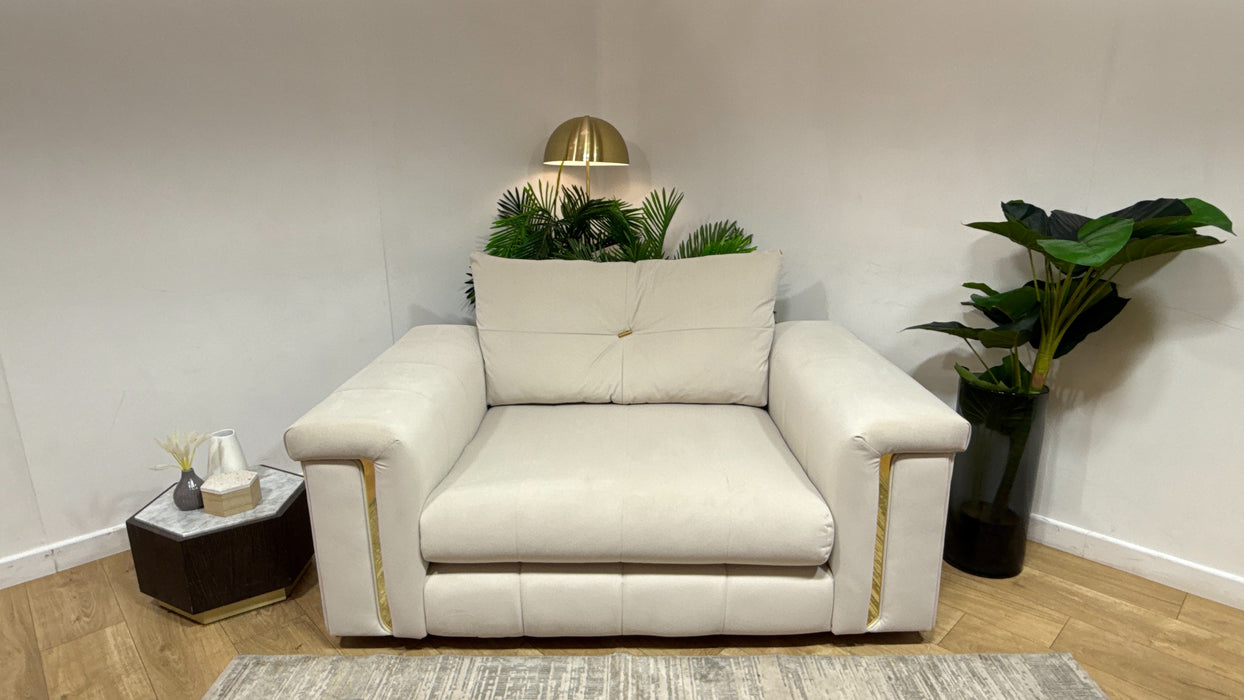 Sofology Oscar Fabric Loveseat Gold Trim in Super Matt Velvet Ecru Mix