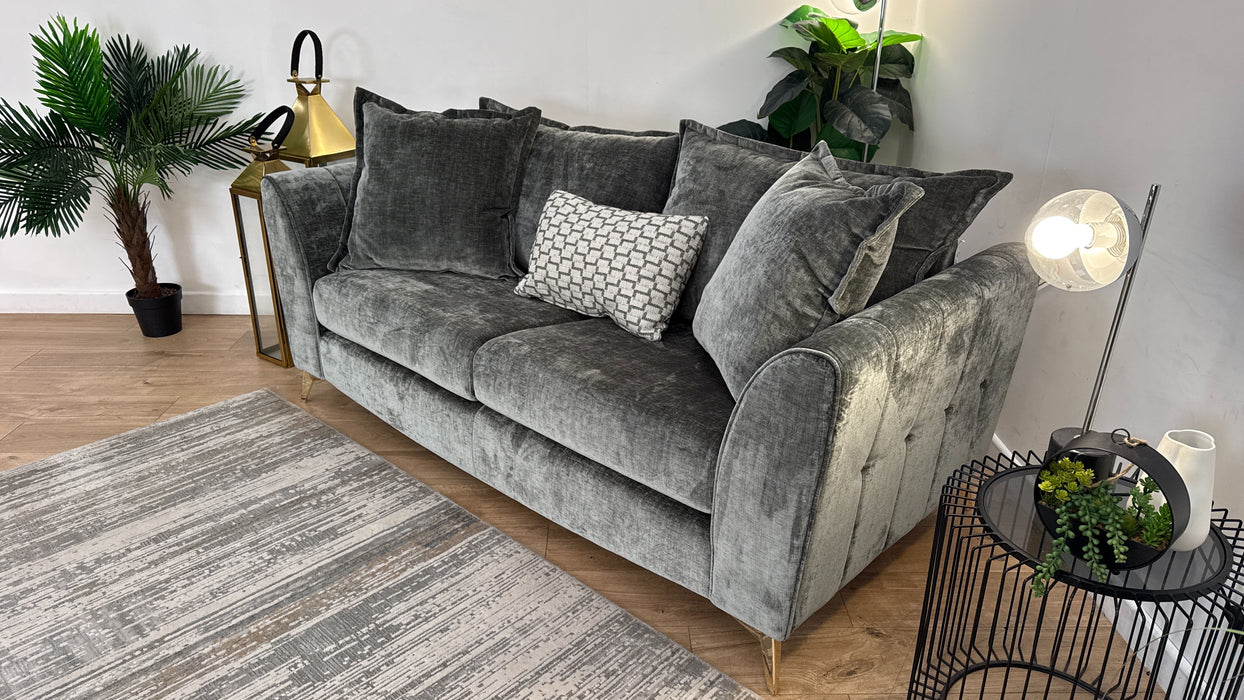 Sofology Luella Fabric 3 Seater Gold Buttons in Luxe Chenille Alpine Green Mix