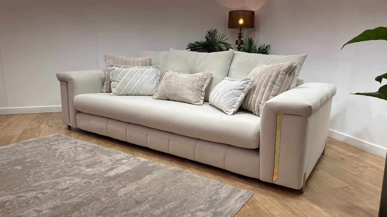 Sofology Oscar Fabric 4 Seater Gold Trim in Super Matt Velvet Ecru Mix