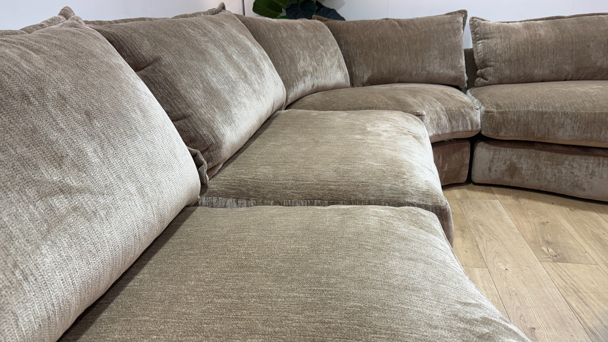 Sofology Lustre Fabric 3 Corner 1.5 Chaise Feather Flex Seats in Luxury Plush Chenille Fawn Mix