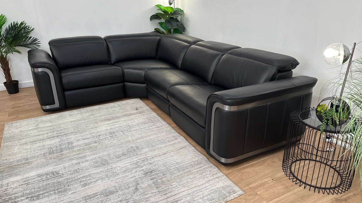 Sofology Plaza Leather 1.5 Corner 3 Power Recliner/Headrest in Trusty Embossed Jet Black