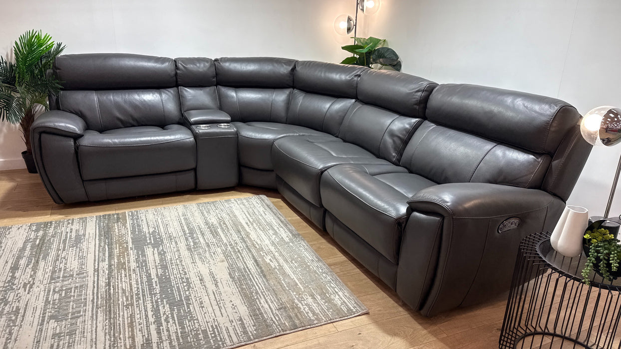 Sofology Radleigh Leather 1.5 Corner 2.5 Console Triple Power Recliner/Headrest in Trusty Soft Sheen Charcoal