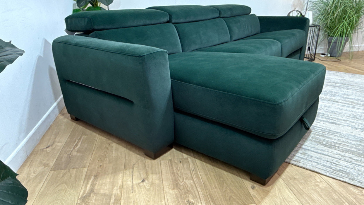 Sofology Metropolitan Fabric Chaise 4 Seater Sofa Bed with Storage in Lifestyle Mottled Dark Green