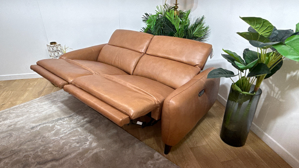 Sofology Larsen Leather 3 Seater Power Recliner/Headrest in Relaxed Soft Tan