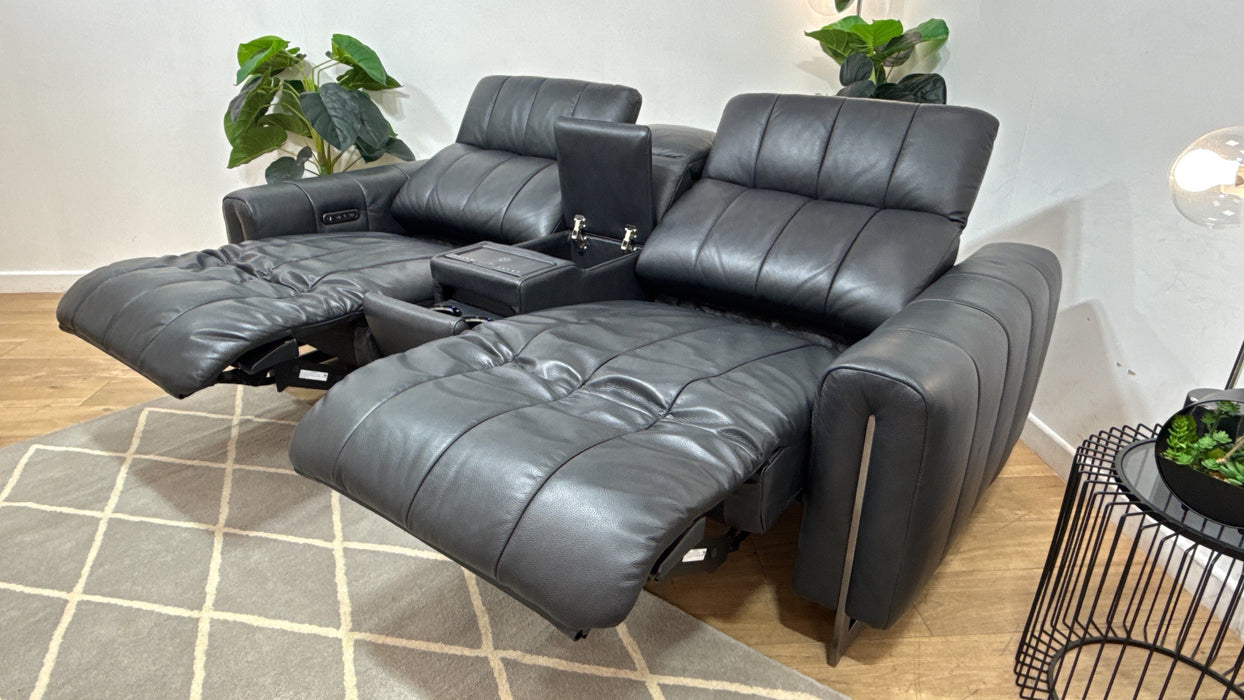 Sofology Paramount Leather 2.5 Seater Console Power Recliner/Headrest Speakers in Trusty Embossed Navy