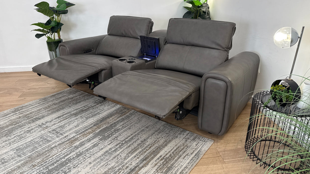 Sofology Premiere Leather 2.5 Seater Smart Console Power Recliner/Headrest Heated Seat in Trusty Embossed Grey