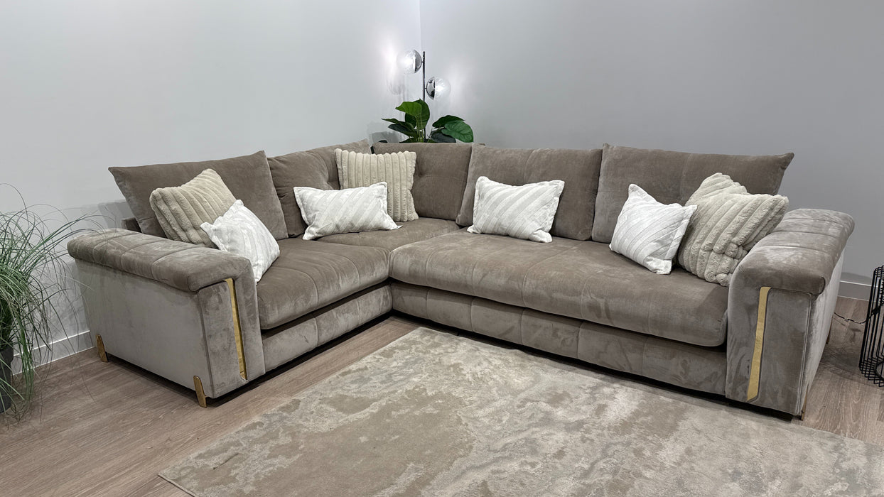 Sofology Oscar Fabric 1 Corner 3 Gold Trim in Fine Textured Chenille Stone Mix