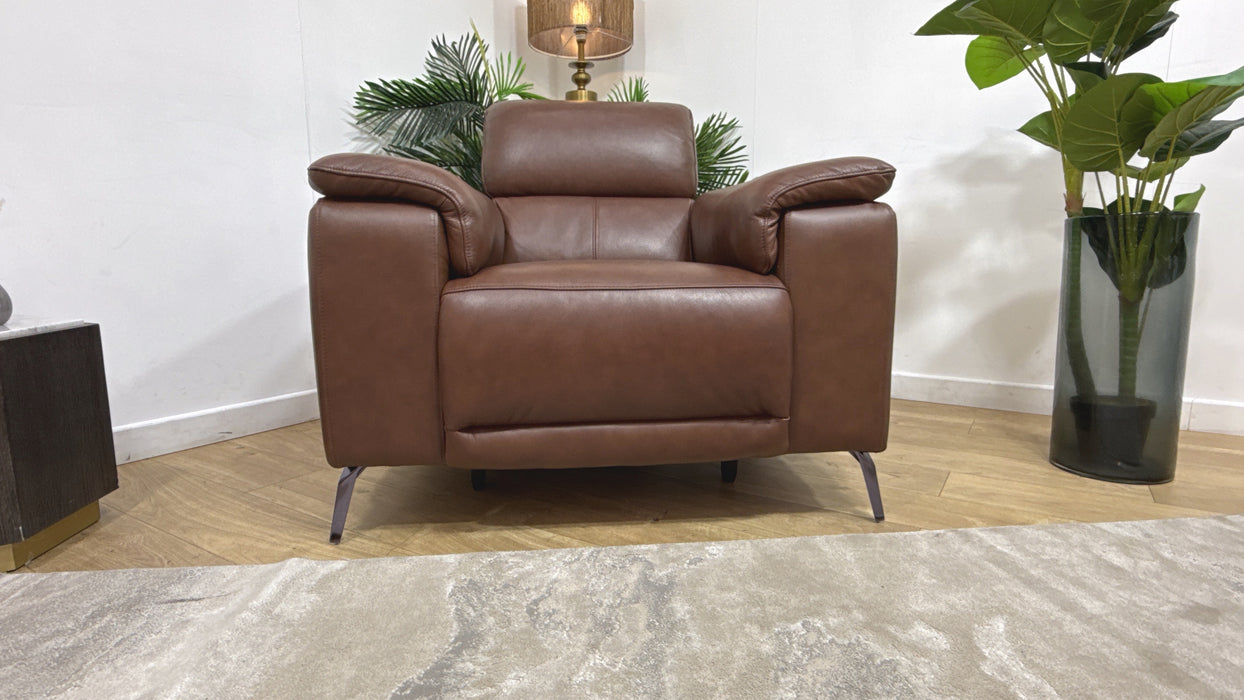 Sofology Fratelli Leather Chair Power Recliner/Headrest in Trusty Embossed Chestnut