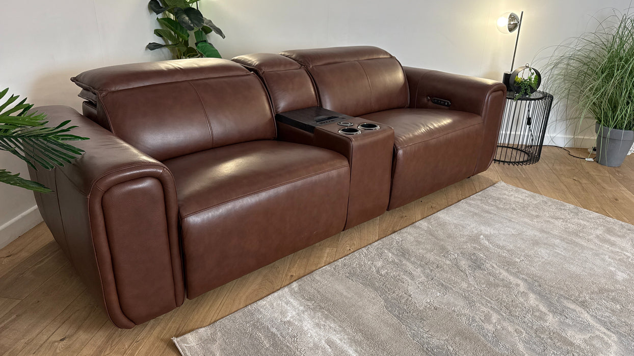 Sofology The Premiere 2.5 Seater Recliner Sofa Console in Trusty Embossed Leather Chestnut