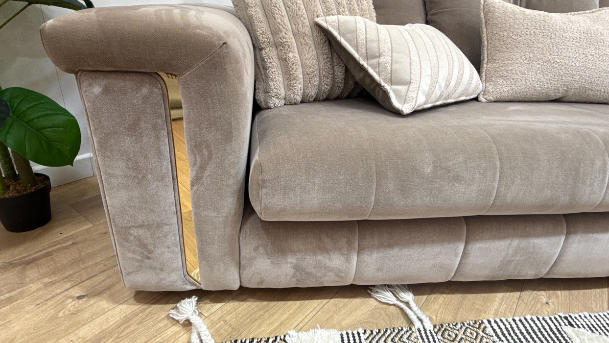Sofology Oscar Fabric 4 Seater Gold Trim in Fine Textured Chenille Stone Mix