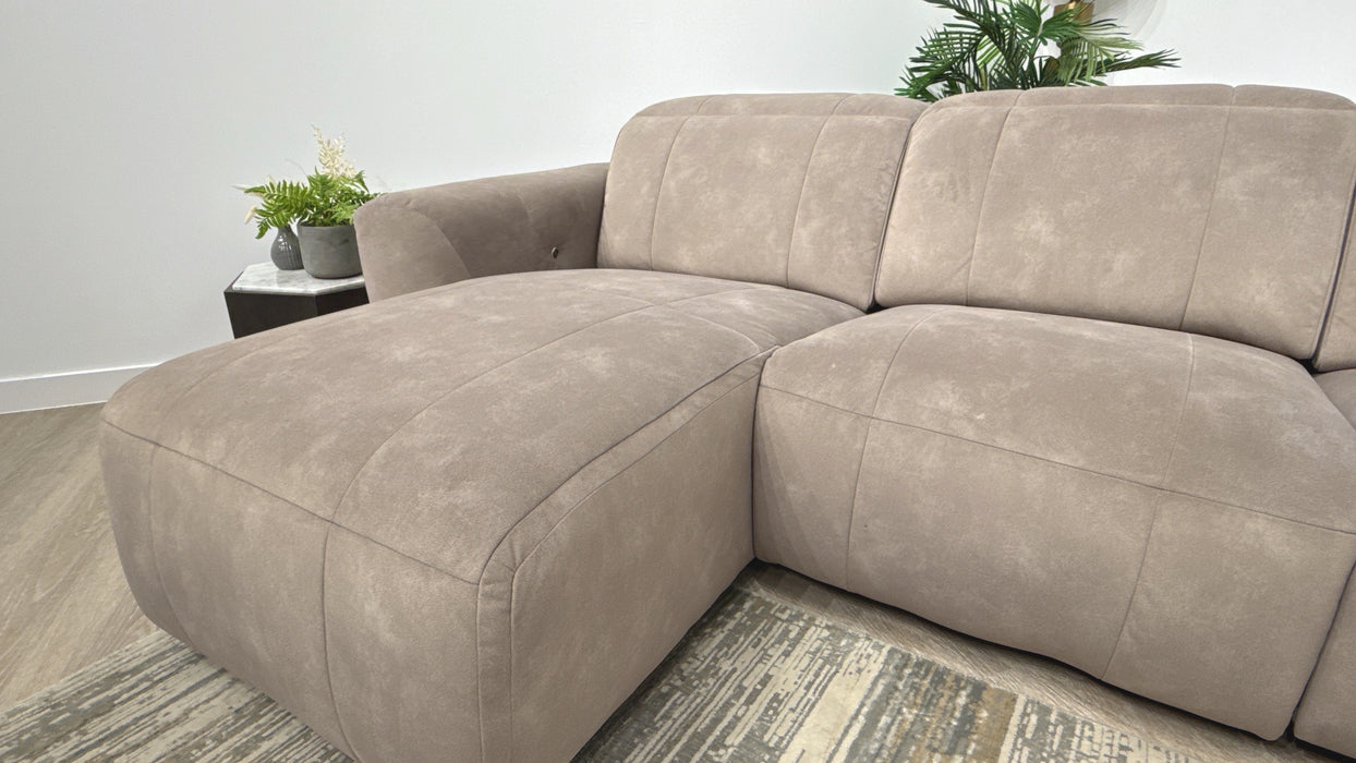 Sofology Lumiere Fabric Chaise 4 Seater Power Recliner/Headrest Gold Trim in Lifestyle Flecked Nutmeg