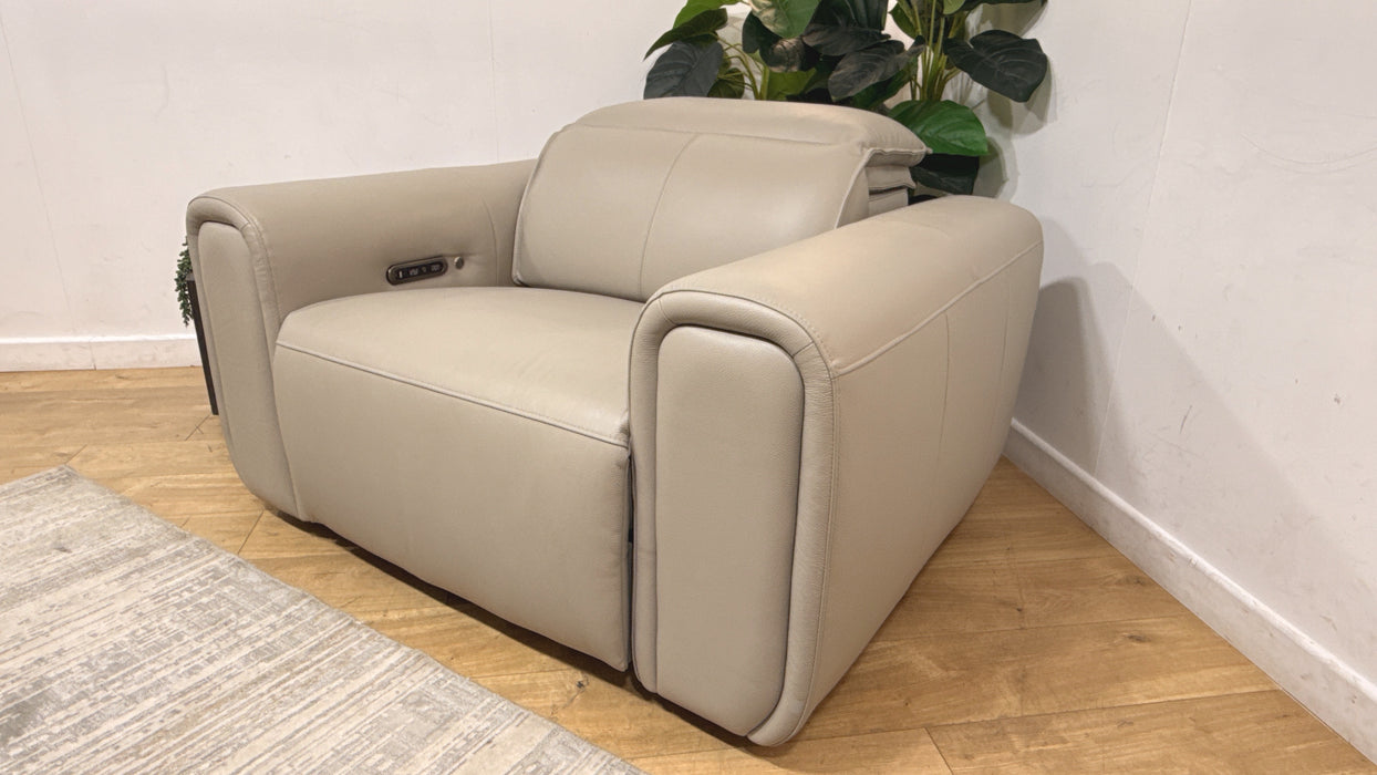 Sofology Premiere Leather Loveseat Power Recliner/Headrest Heated Seat in Trusty Embossed Light Grey