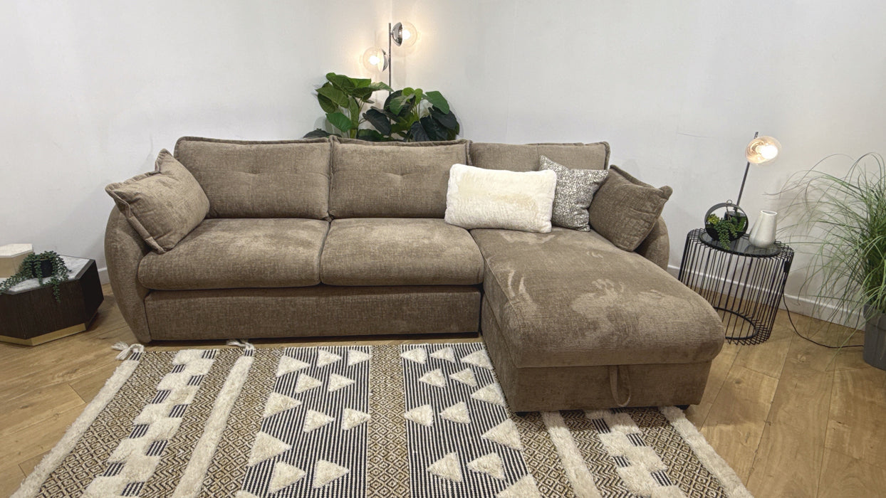 Sofology Portobello Fabric 3 Seater Chaise Storage Foam Seats in Teddy Chenille Mink Mix