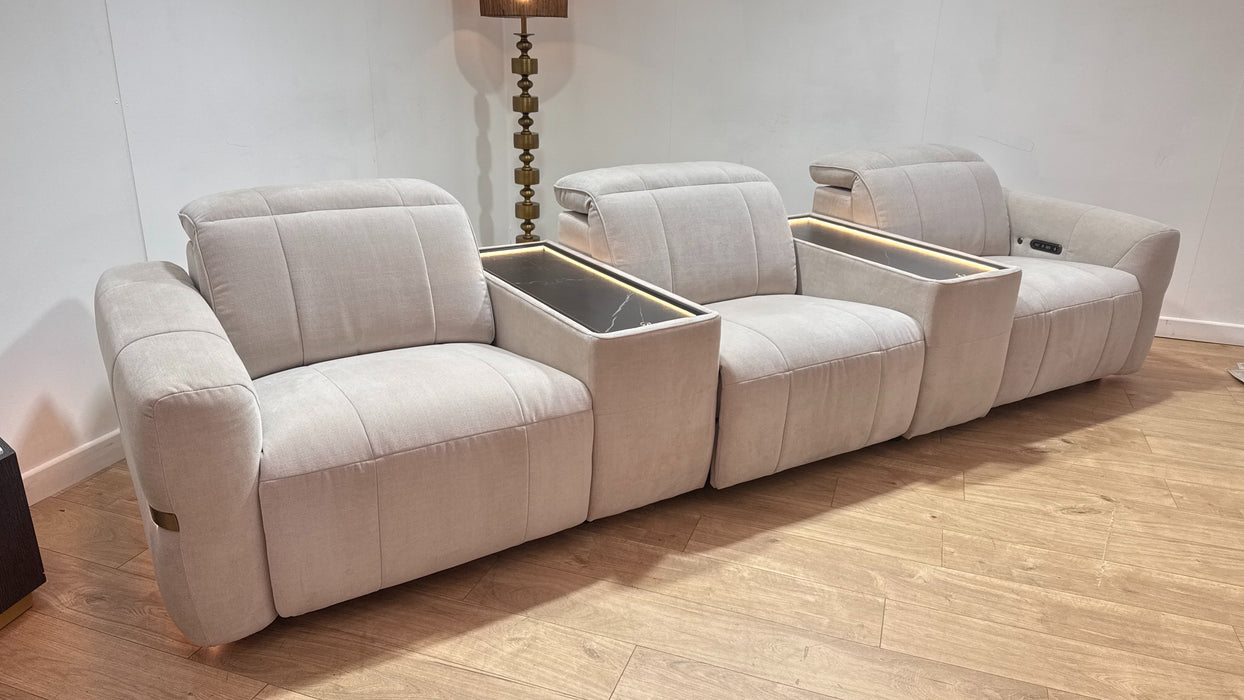 Sofology Lumiere Fabric 3 Seater Cinema Console Power Recliner/Headrest Gold Trim in Relaxed Chenille Cotton