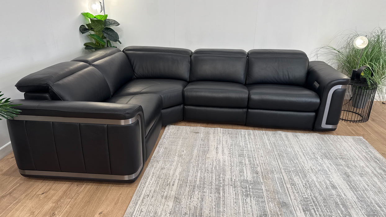 Sofology Plaza Leather 1.5 Corner 3 Power Recliner/Headrest in Trusty Embossed Jet Black