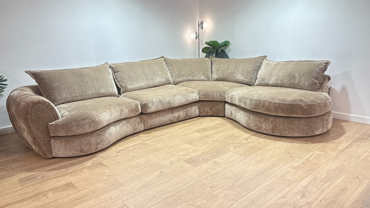 Sofology Lustre Fabric 3 Corner 1.5 Chaise Feather Flex Seats in Luxury Plush Chenille Fawn Mix