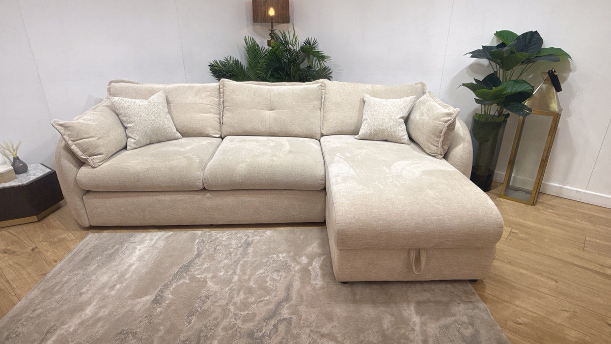 Sofology Portobello Fabric 3 Seater Chaise Sofabed Sprung Seats Storage Hybrid Pocket Mattress in Linen Look Chenille Natural Mix