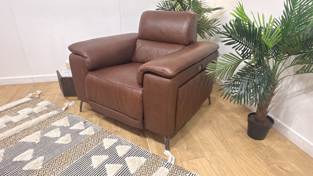 Sofology Fratelli Leather Chair Power Recliner/Headrest in Trusty Embossed Chestnut