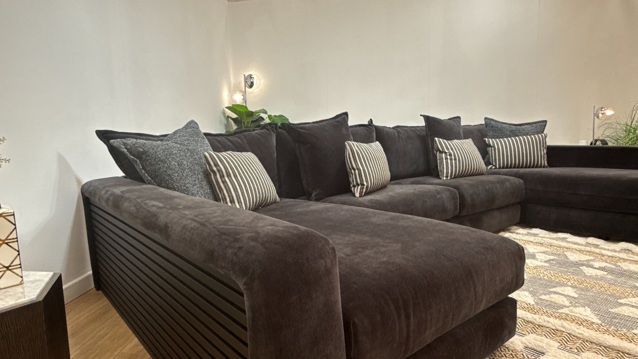 Sofology Cove Fabric Super Grande Double Chaise Black Wood Panel in Soft Chenille Anthracite Mix