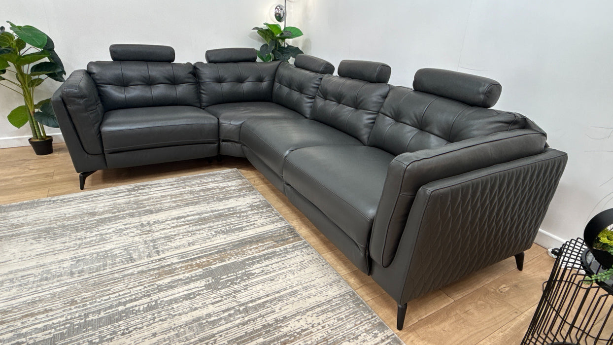 Sofology Muse Leather 1.5 Corner 3 Power Recliner Supportive Headrests in Trusty Embossed Charcoal