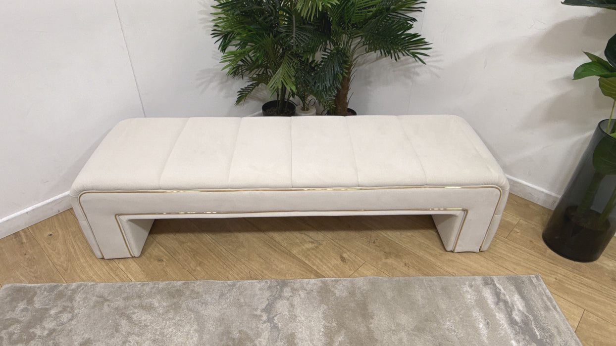 Sofology Oscar Fabric Large Bench Footstool Gold Trim in Super Matt Velvet Ecru