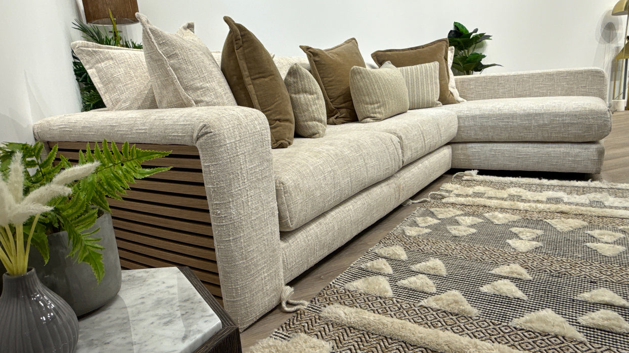 Sofology Cove Fabric Grande Chaise Light Wood Panel in Artisan Chenille Ecru Mix