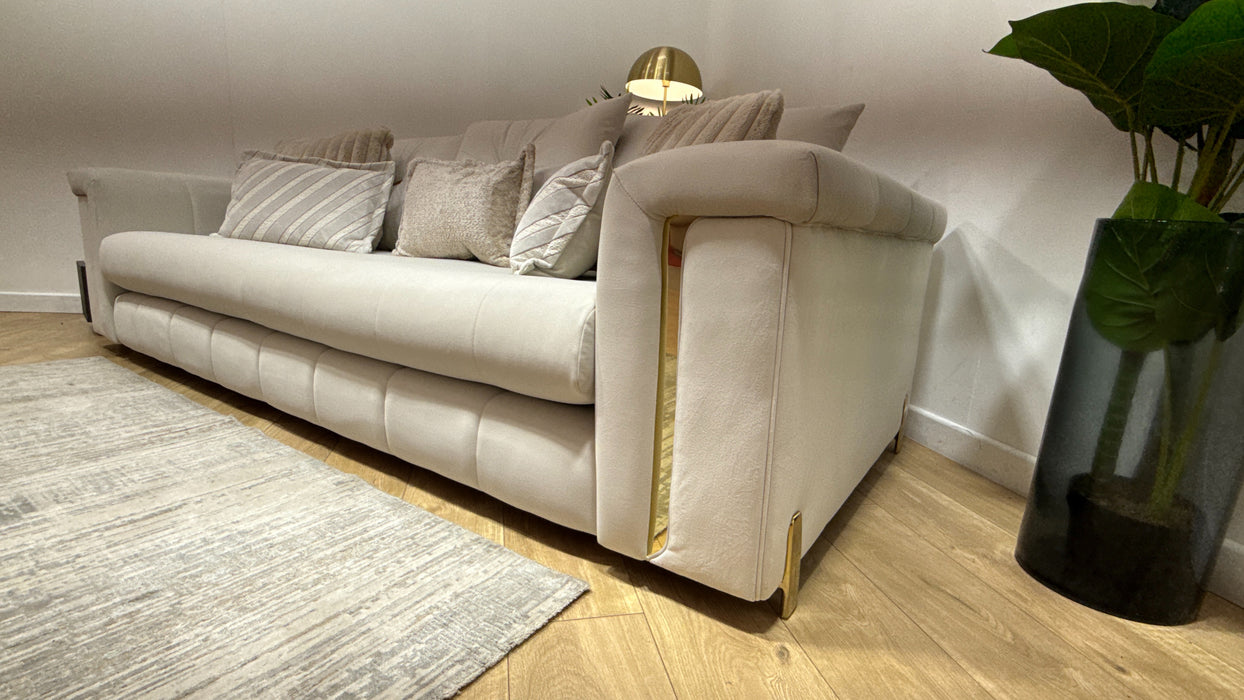 Sofology Oscar Fabric 4 Seater Gold Trim in Super Matt Velvet Ecru Mix