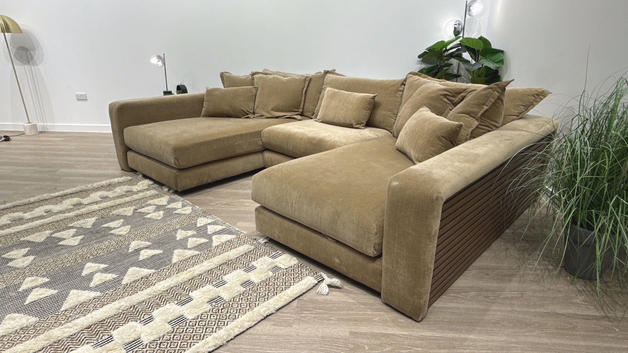 Sofology Cove Fabric Grande Double Chaise Dark Wood Panel in Soft Chenille Caramel