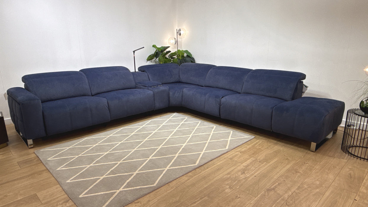 Sofology Marvella Fabric 3 Corner 3 Console Chaise Power Recliner/Headrest Heated Seats in Lifestyle Flecked Navy