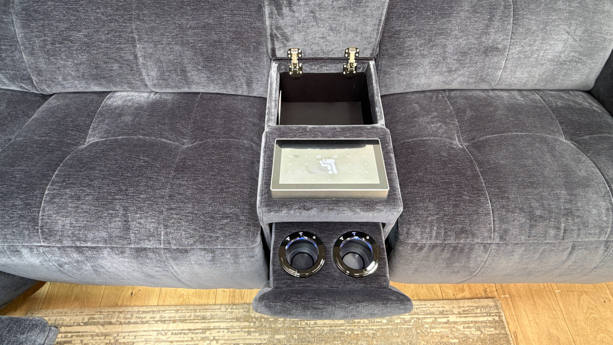 Sofology 3 Console Corner 3 Power Recliner/Headrest Heated Seats Lumbar Support in Montreal Denim