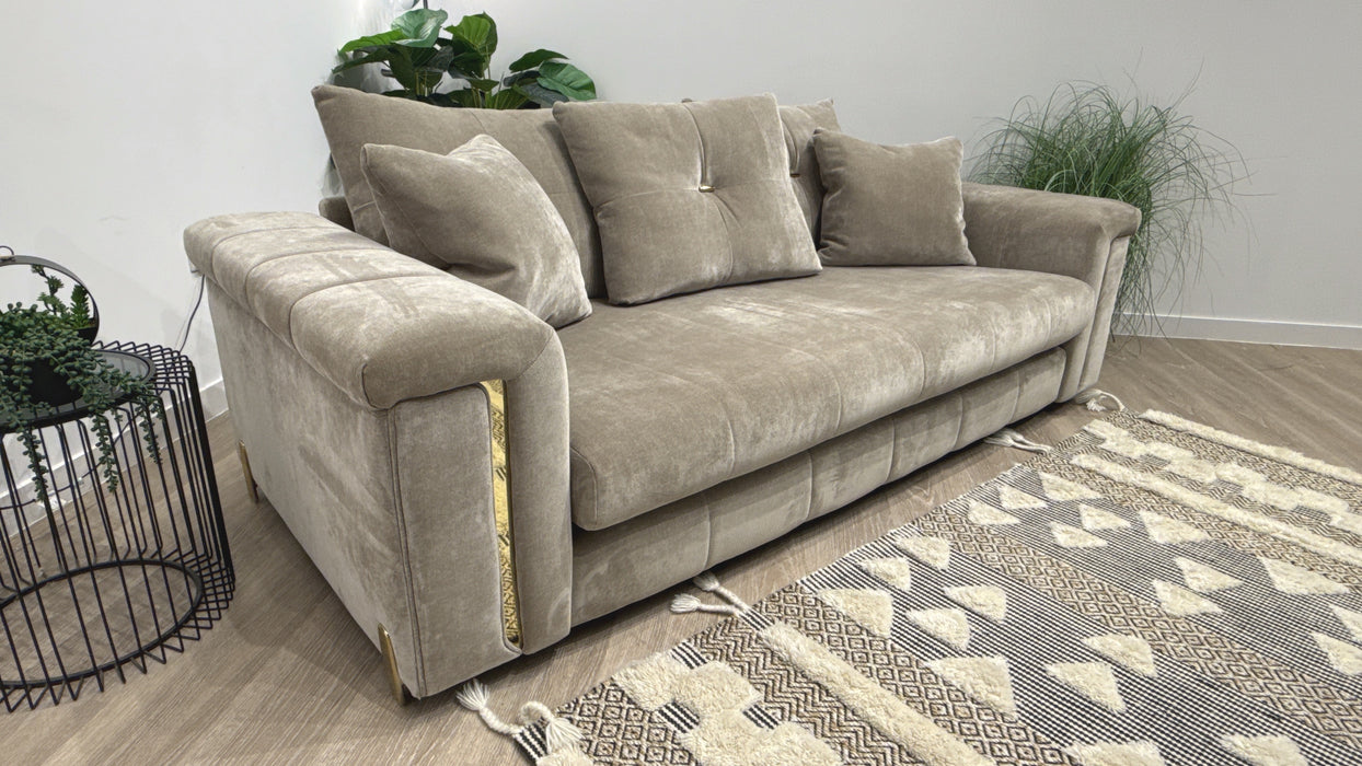 Sofology Oscar Fabric 3 Seater Gold Trim in Fine Textured Chenille Stone